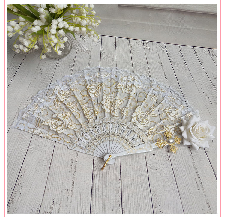 Cocoa Jam- Gothic Lolita Lace Gorgeous Folding Fan white fan+white rose