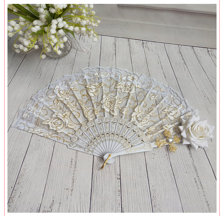 (Buy for me) Cocoa Sauce~Gothic Lolita Lace Gorgeous Folding Fan white fan+white rose  