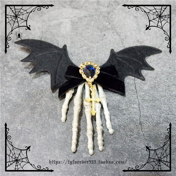 Fox Cherry~Gothic Lolita Batwing Hand Bones Hairclip blue small gem hairclip  