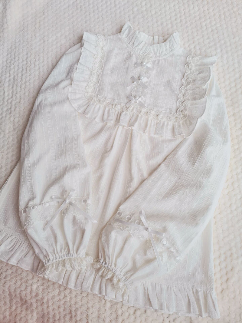 Yilia~Cotton Lolita Lace Long Sleeve White Blouse   