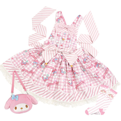 Confession Ballon~Sanrio Pudding Dog Print Kawaii Lolita Jumper Dress S Melody salopette (blue X pink) free gift bag+socks 