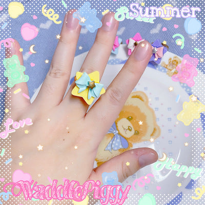 WaddlePiggy - Sweet Lolita Adjustable Handmade Star Bow Lolita Ring yellow star