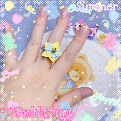 (Buyforme)WaddlePiggy~Sweet Lolita Adjustable Handmade Star Bow Lolita Ring yellow star  