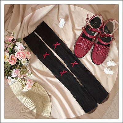 Roji roji~Super Thin Summer Lolita Knee Socks over knee socks red bow on black background 