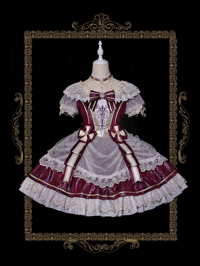 Alice Girl~Palace Retro Lolita Dress~Girl Anniversary Short Sleeve OP wine red (short fantasy version) S 