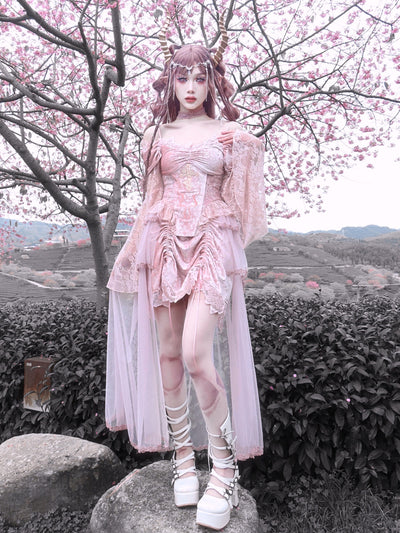 Blood Supply~Sakura Nightmare~Pink Velvet Lotus Embroidery Lolita Skirt S drawstring pink SK 