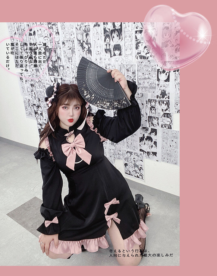 Yingtang~Plus Size Lolita Black Pink Cheongsam Dress Set 8218:104874