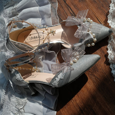 Sky Rabbit~Flower Wedding Elegant Lolita High Heel Shoes 34 5cm silver gray with chain 