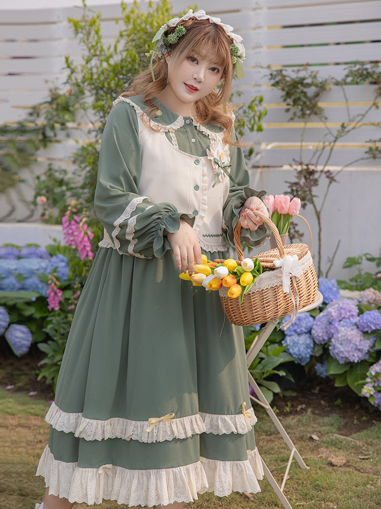 Yingtang~Sweet Lolita Suits Multicolor Lace Hemline 2XL green dress 