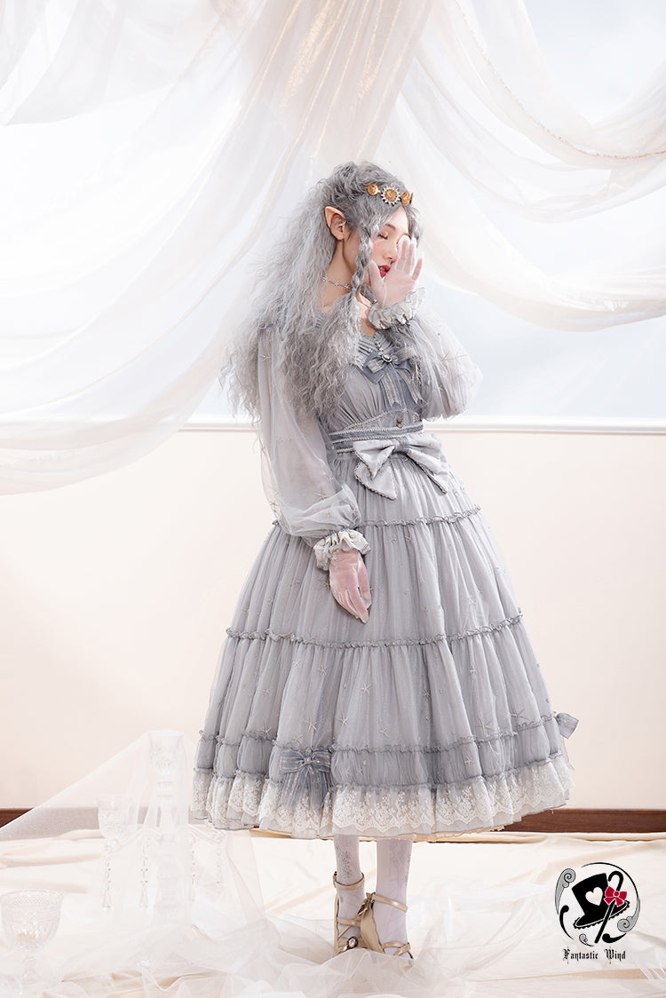 Fantastic Wind ~ Princess Stamping Embroidery  Lolita OP S sliver grey short sleeves and long dress 