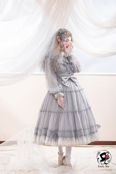 Fantastic Wind ~ Princess Stamping Embroidery  Lolita OP S sliver grey short sleeves and long dress 