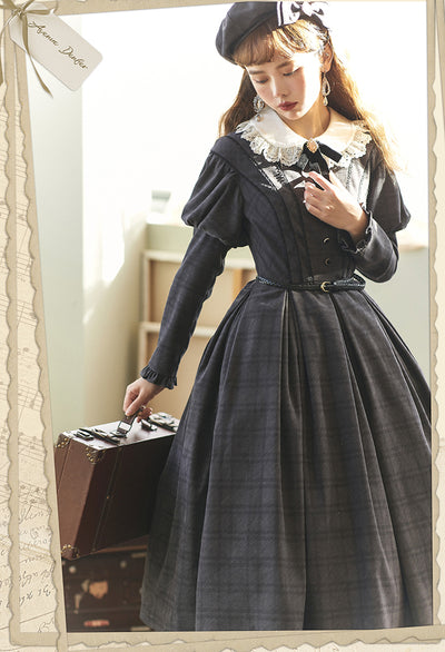 (Buyforme) Avenue Denfer~Gem Book Box~Plaid Classic Lolita OP Dress free size grey beret 