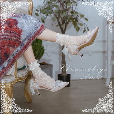 Sky Rabbit~Flower Wedding Elegant Lolita High Heel Shoes 34 5cm off-white (look some pink) 