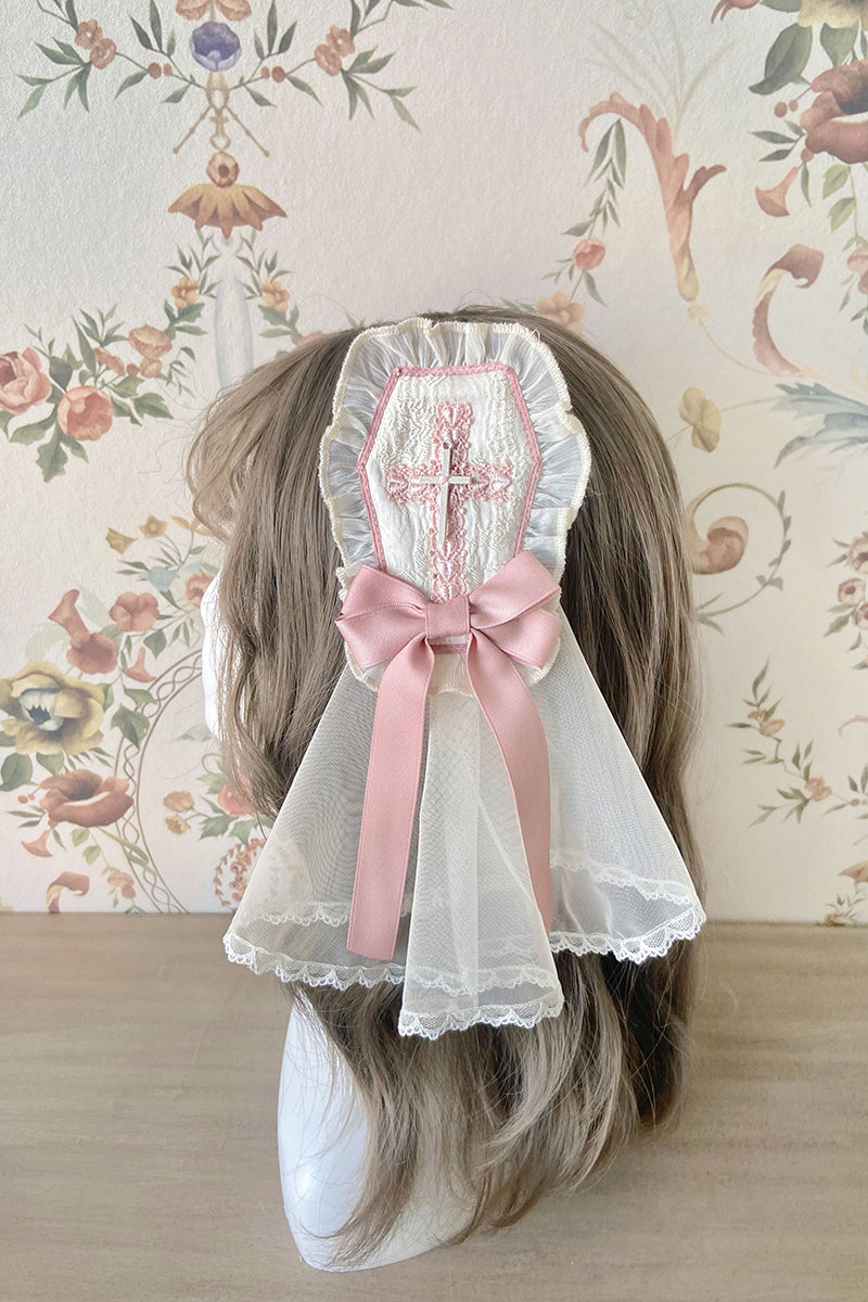 Alice Girl - Cross Maiden - Gothic Lolita Hair Clips Veil Headbow Ivory-pink