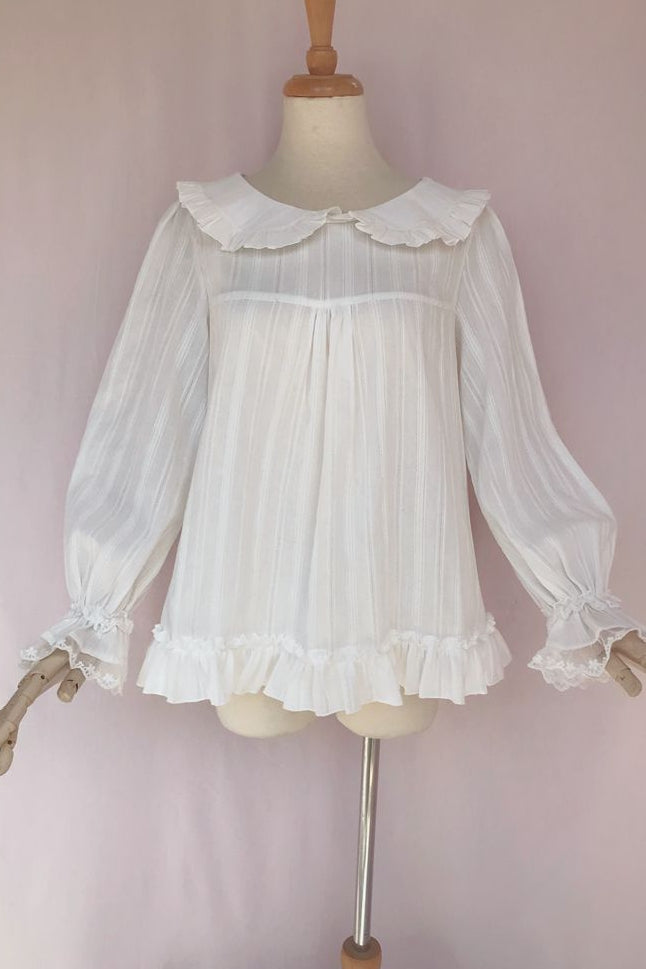 Yilia - Sweet Lolita Cotton Long Sleeve Blouse M milk white