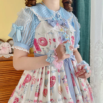 (Buyforme)Cat and Campanula~Star Candy~Stripes Cotton Lolita Shirt XS blue 