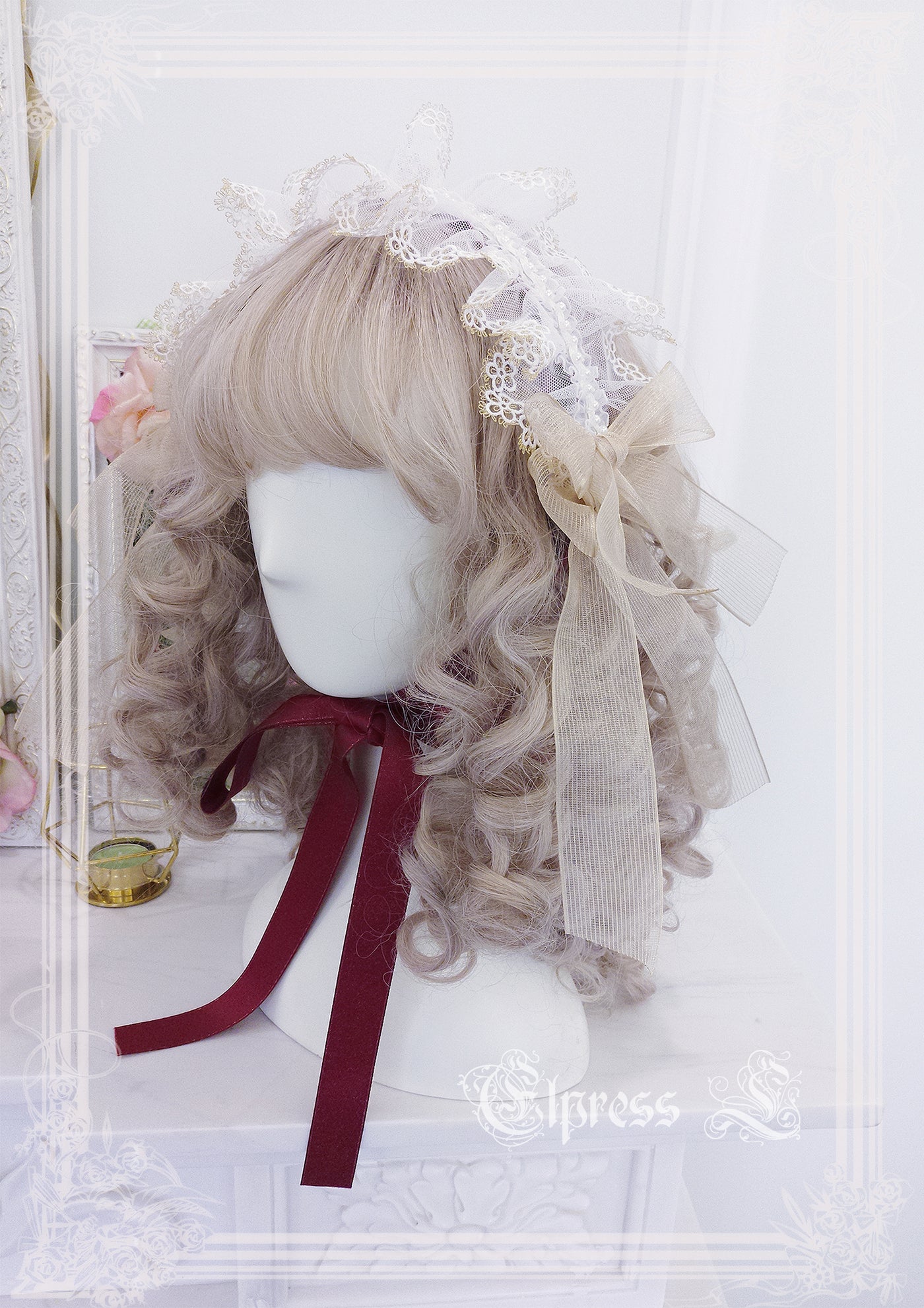 Elpress L~Christmas Flower Hairpins Lolita Mesh Veil KC Bonnet pink KC 