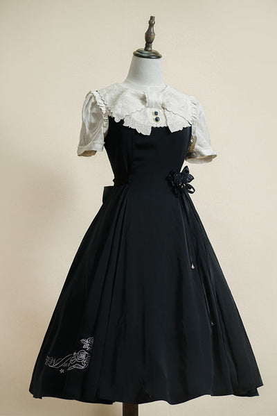 ZeeYe~Night Rose~ Classic Lolita OP Dress S long black with embroidery short sleeve