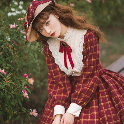 Miss Point~Rose Silhouette 3.0~Plaid Vintage Classic Lolita OP XS burgundy plaid 