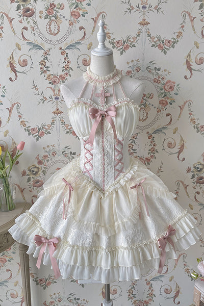 Alice Girl~Cross Maiden~Sweet Lolita Dress Ballet Halterneck Lolita JSK Dress XS ivory-pink 