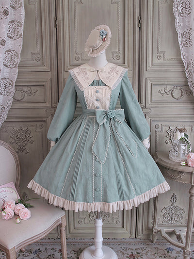 Alice Girl-Elegant Long Sleeve Lolita OP Dress XS blue green 