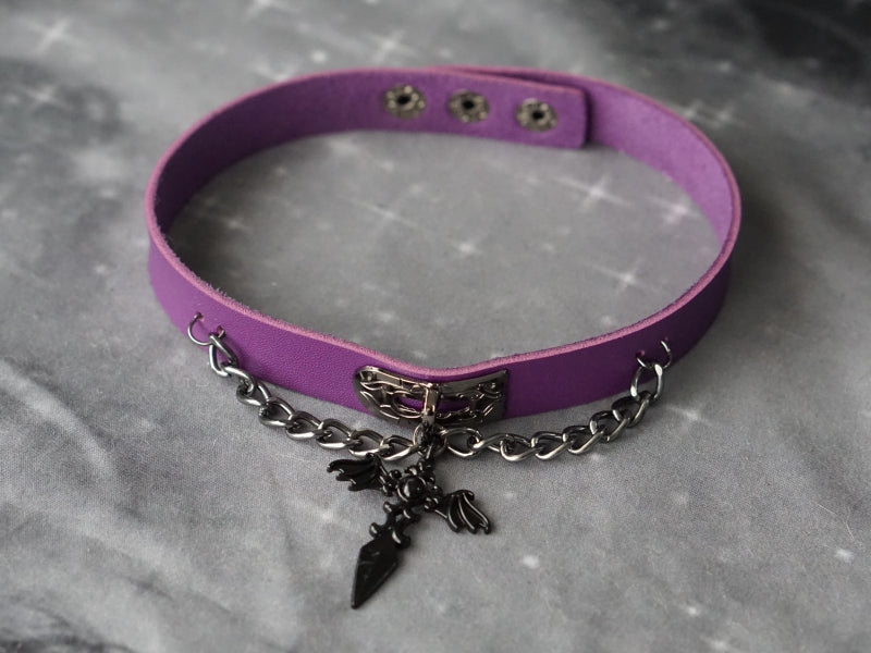 Strange Sugar - Gothic Lolita Cross Leather Choker No.20 Purple wing cross