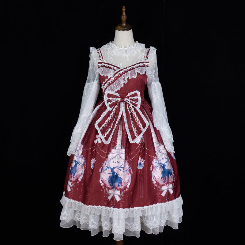 Sakurada Fawn~Nara Flowers Print Lolita Jumper Dress S wine red 