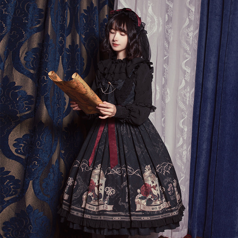 With PUJI~Nightingale and Rose~Gothic Black and Red Dress JSK   