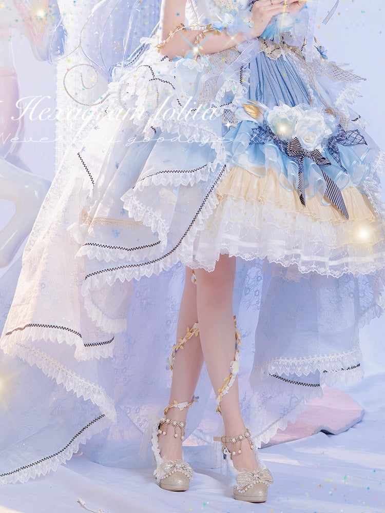 Hexagram~Handmade Fairy Round Toe Wedding Lolita Shoes 33 champagne gold light blue high heels with vine 