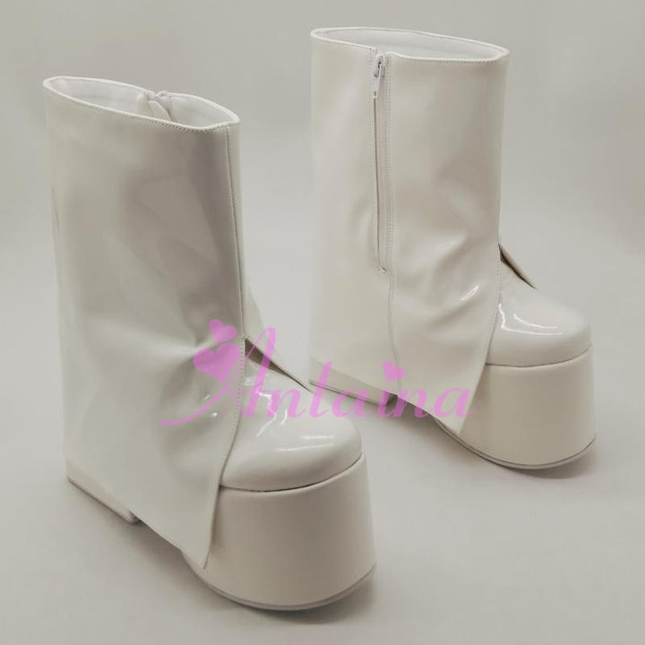 Antaina ~ White Lolita Platform Shoes Square Heel Boots   