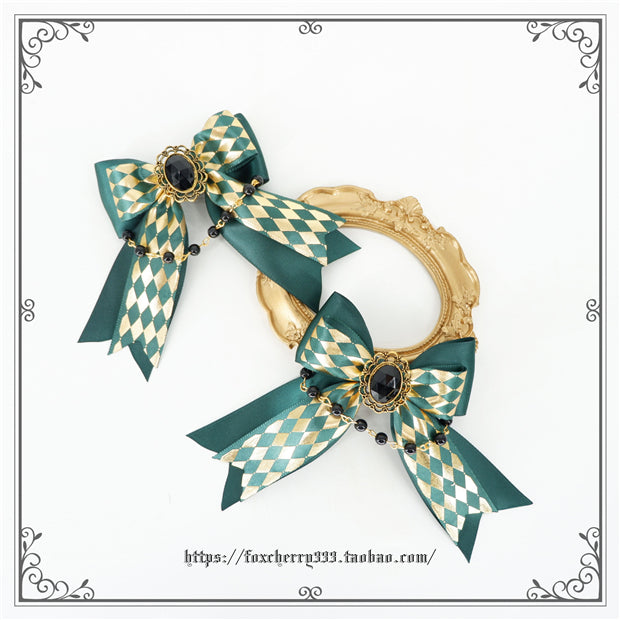 Fox Cherry - Green Lattice Rabbit Ear Bow Lolita Hat Headdress hair clips