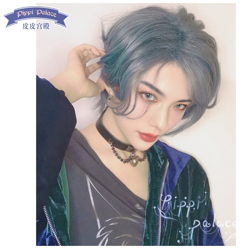 PippiPalace~Ouji Lolita Short Curly Wig smoke blue  
