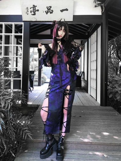 Blood Supply~Ninja~Purple Gothic Chinese Qi Lolita Split Long Dress   