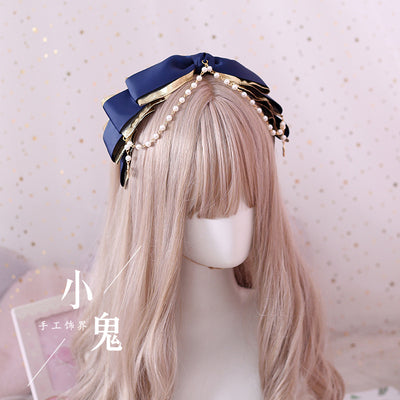 Xiaogui~Gothic Accessories Lolita Bow KC Hairclip dark blue (multilayer beads KC)  