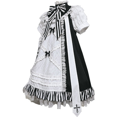 CastleToo~Holy College Magician~Gothic Lolita Black and White OP S Short sleeve dress(with ribbons+sleeves+bow tie) 