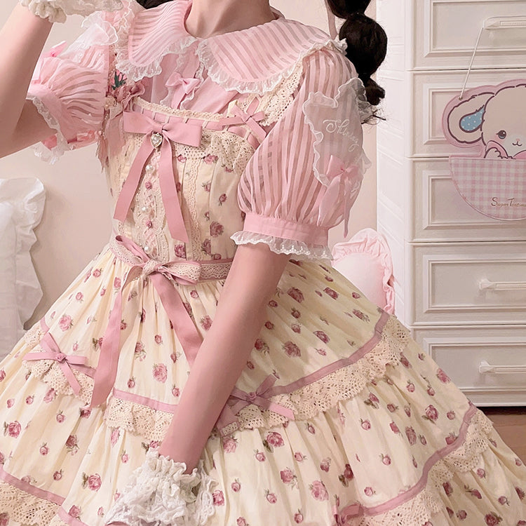 (Buyforme)Cat and Campanula~Star Candy~Stripes Cotton Lolita Shirt XS pink 