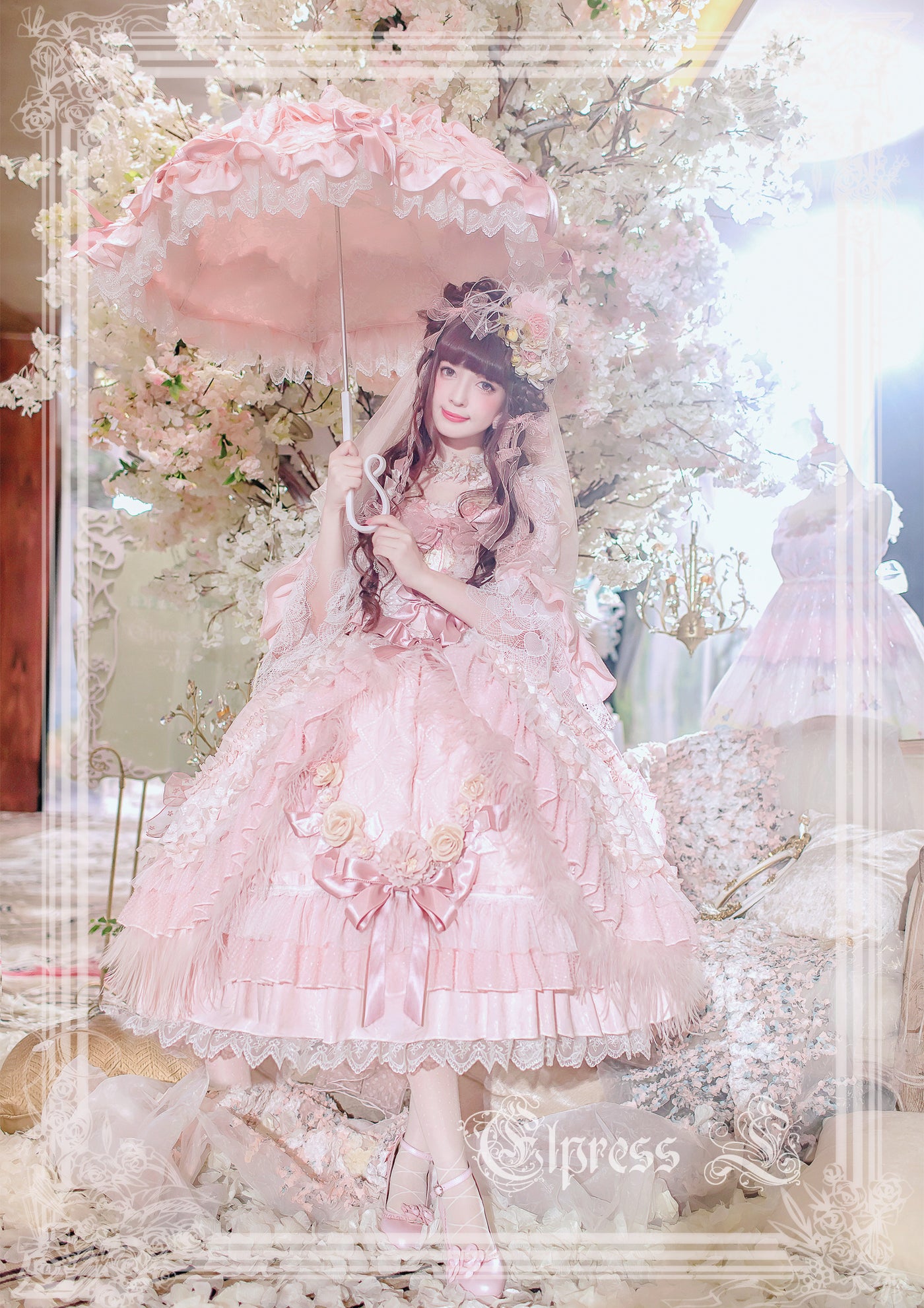 Elpress L~Iris~Floral Tea Party Lolita OP Multicolors S pink 