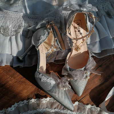 Sky Rabbit~Flower Wedding Elegant Lolita High Heel Shoes 34 8cm silver gray chain 