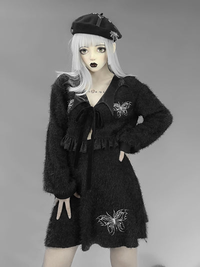 Blood Supply~Butterfly Furry Embroidery Gothic Cardigan Winter Set   