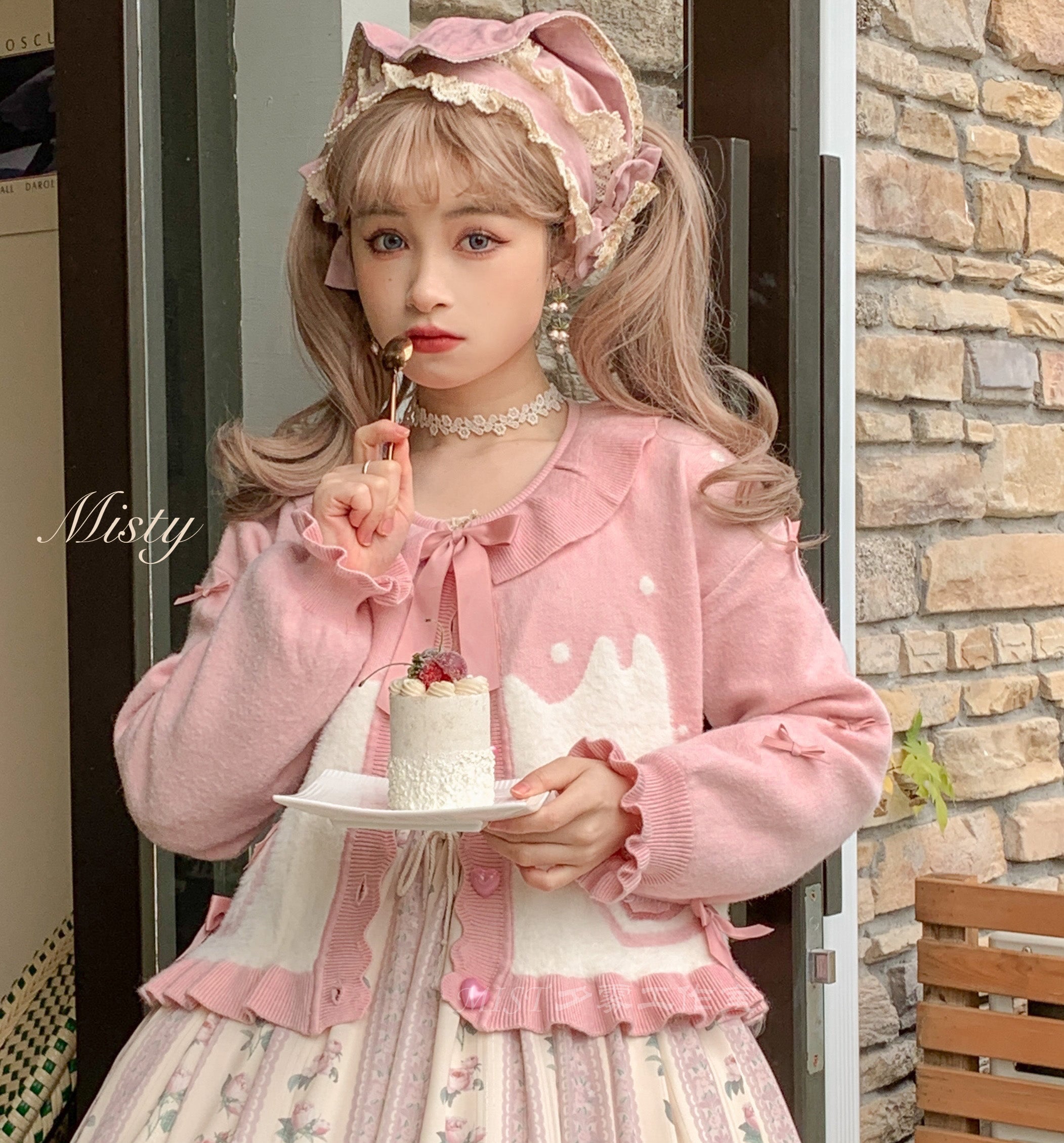 MIST~Beating Heart~Sweet Lolita Thick Sweater Coat Puff Sleeve S pink