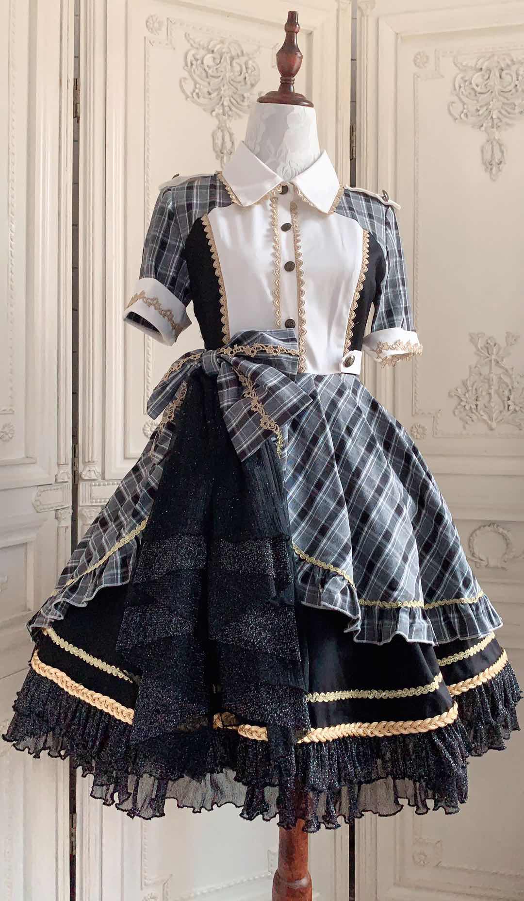 YourHighness~Idol Project~Idol Lolita Fashion Plaid Suit OP 2XL grey+black short-sleeve OP 