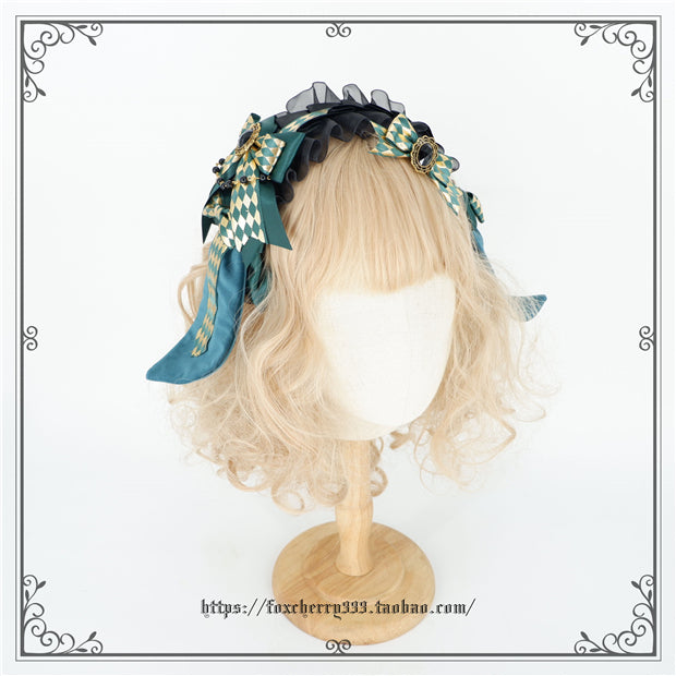 Fox Cherry~Green Lattice Rabbit Ear Bow Lolita Hat Headdress 7082:81030