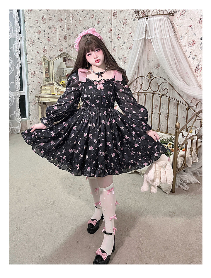 Yingtang~Plus Size Lolita Floral Print Lolita Dress XL black long sleeve 