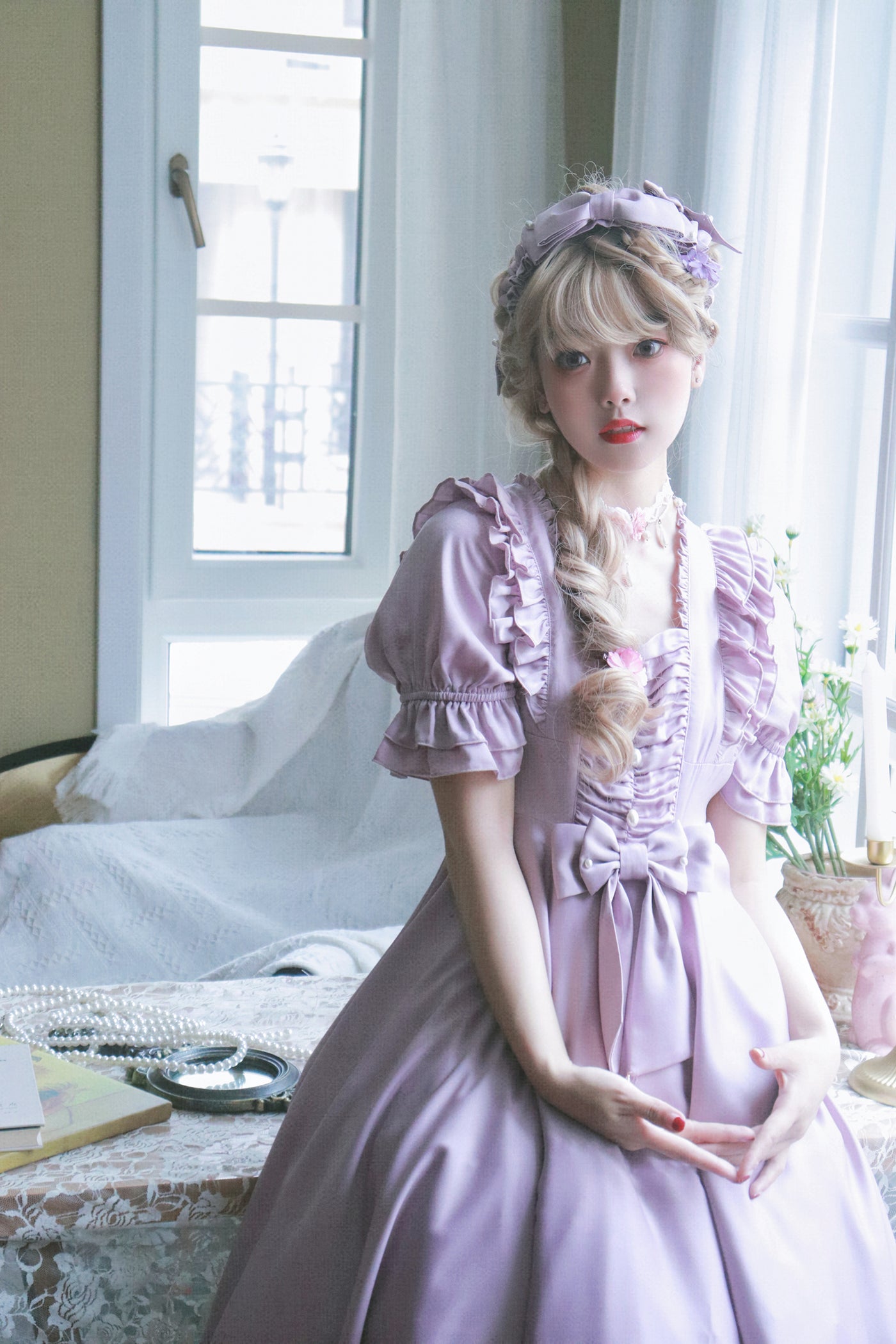 Little Dipper~My Darling~Satin Large Hemline Lolita OP Dress S light purple  high waist short version 