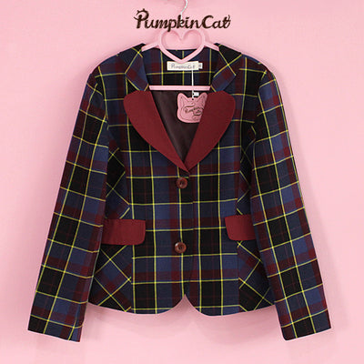 Pumpkin Cat~Autumn Map~JK Fashion Plaid Jacket Vest Suit S navy  blue jacket 