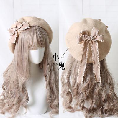 Xiaogui - Sweet Bow Multicolors Lolita Wool Beret M（56-58cm） beige hat with champagne bows