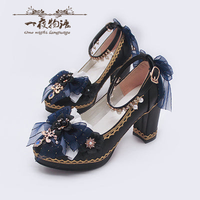 One Night ~ Bright PU Wedding Lolita Thick High Heels 36 dark blue ( 5-6cm comfortable heel) 
