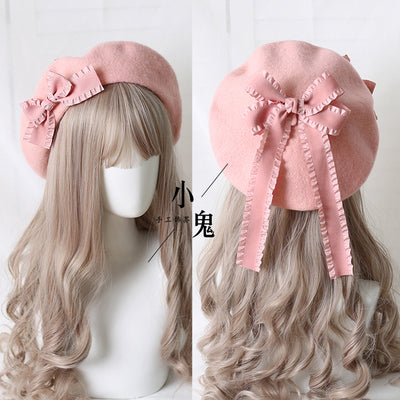 Xiaogui - Sweet Bow Multicolors Lolita Wool Beret M（56-58cm） pink hat with Korea pink bows
