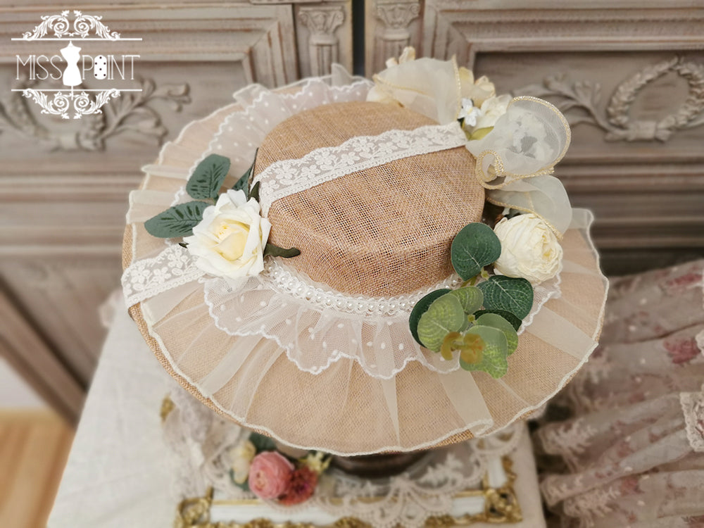 Miss Point - Woody Rose - Elegant Flower Lolita Hat ivory big hat