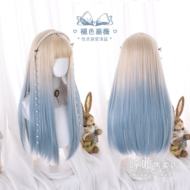 Hengji - Y2K Gradient Color Long Straight Lolita Wig apricot gradient light blue
